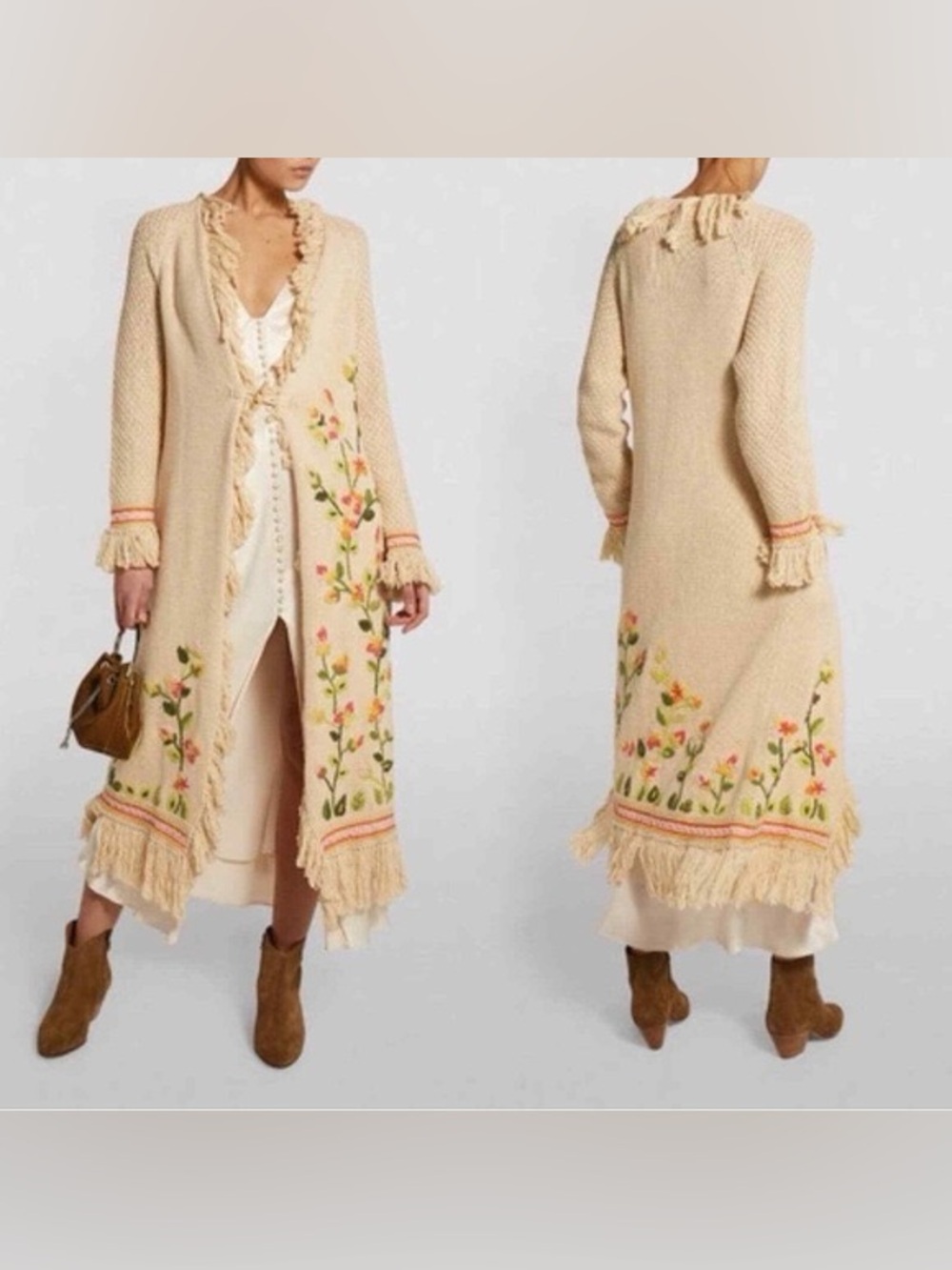 LoveShackFancy Beige Fringe Floral Embroidered Valencia Duster Cardigan - Small